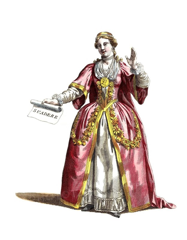 Historical clothing, fashion over time, woman, symbolising Polyhymnia or Polymnia, one of the nine muses, digitally restored reproduction of an 18th/19th century model, exact date unknown, elegant woman in Renaissance robe with scroll, pointing upwards