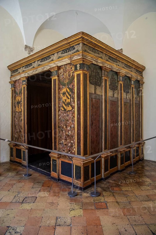 Interior in Palazzo Ducale, a bed room, Unesco world heritage site Urbino, Urbino and Pesaro district, Urbino, Marche, Italy