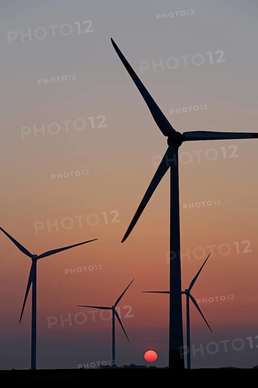 Wind farm, wind power plants, sunset, Reußenköge, North Frisia, Schleswig-Holstein, Germany