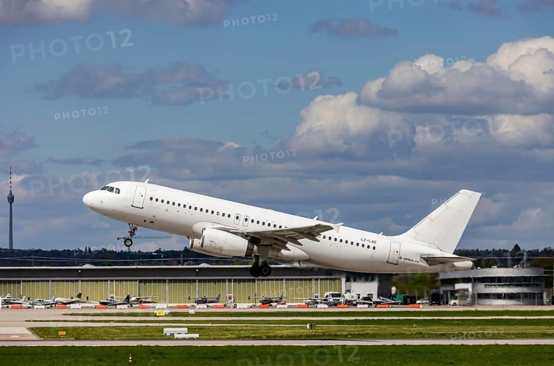Stuttgart STR EDDS Airport. Manfred Rommel Airport. Airplane taking off. AIRCRAFT NUMBER PLATE: LZ-LAE, European Air Charter, Airbus A320-200. Stuttgart, Baden-Württemberg, Germany