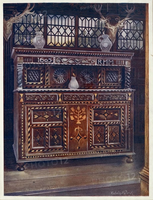 Furniture from around the turn of the century 1900, Carved and inlaid oak court cupboard. (1910, 1911), Carved and inlaid oak court cupboard. (1910, 1911) .jpg