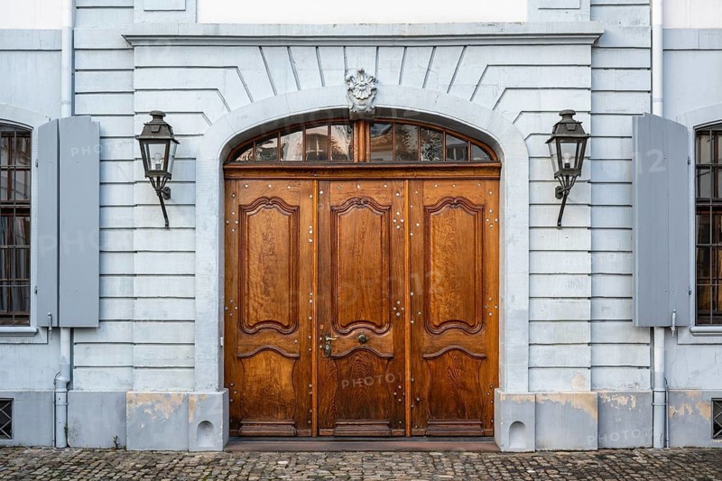 Portal, entrance door Oakwood door from the Seidenhof, a baroque building in the old town of Basel-Stadt, Canton of Basel, Switzerland