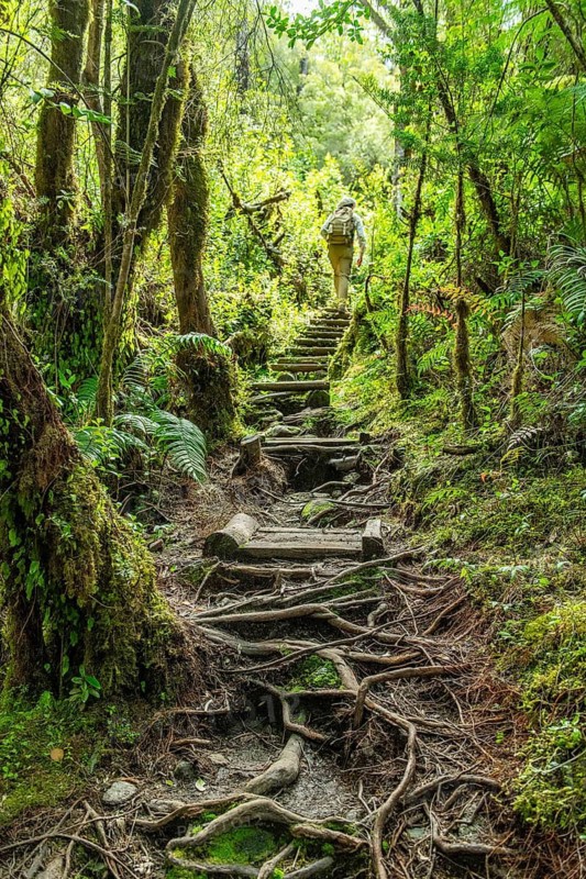 A man climbs up a wooden staircase via a path full of roots while hiking in the jungle, Pumalin-Douglas Tompkins National Park, Chaiten, Los Lagos region, Patagonia, Chile