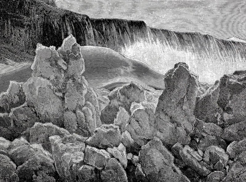 Blocks of ice at the foot of the frozen Niagara Waterfall, 1896, Canada, America, illustration, reproduction from a 19th century model. Authentic, file restored for optimal use, exact date of submission unknown, historic, dramatic waterfall with rocky surroundings