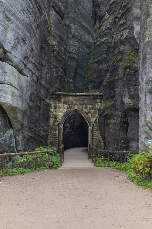 Entrance gate at Adršpach-Teplice Rocks on a sunny day in autumn, Dolní Adršpach, 549 57 Adersbach, CZ