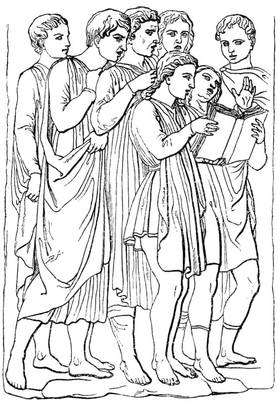 Singing boys, relief by Luca della Nobbia, 15th century, choir, music book, historical illustration 1880