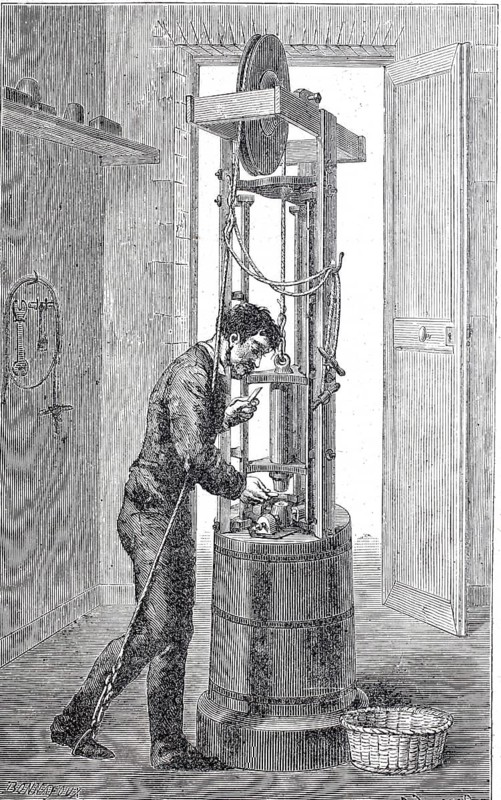 Worker at a minting stick for embossing metal discs, around 1800, digitally enhanced reproduction of a 19th century model, historical