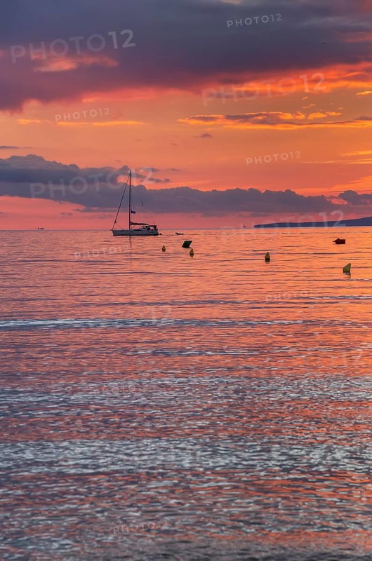 Sailing boat at sunset, Palma de Mallorca, Mallorca, Balearic Islands, Spain