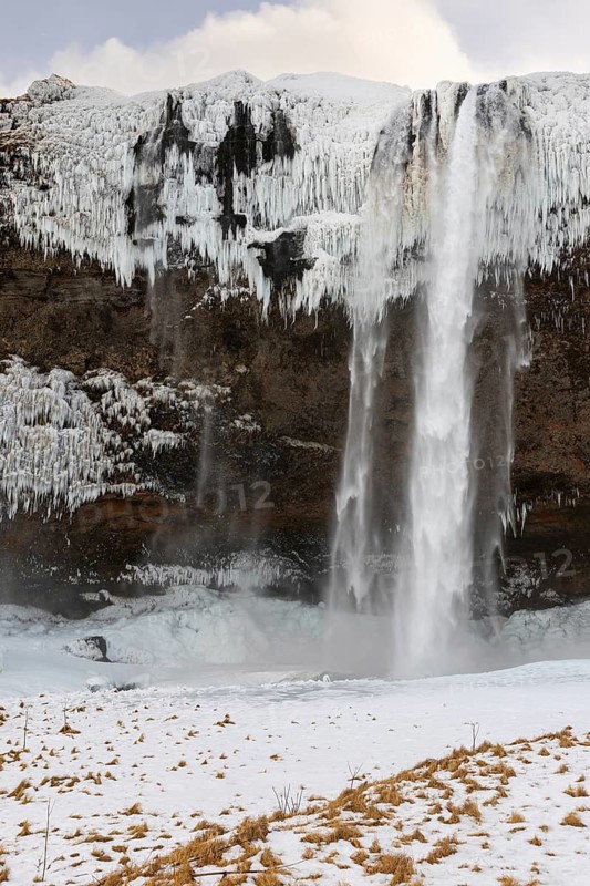 Seljalandsfoss, Rangárþing eystra, waterfall, ice, snow, winter, Hella, Iceland, Scandinavia
