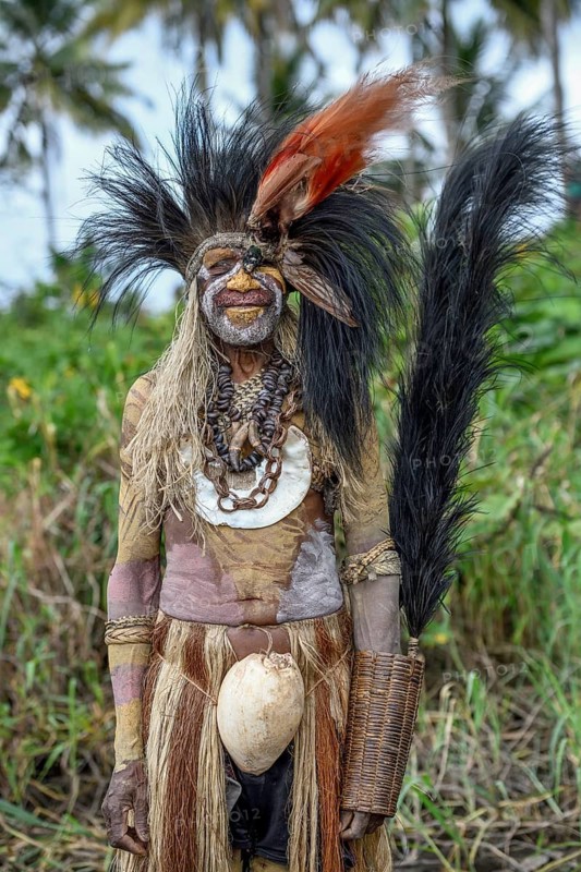 Head of tribe decorated with cassowary feathers and a bird of paradise, village Usukof, Lake Murray, Western Province, Papua New Guinea