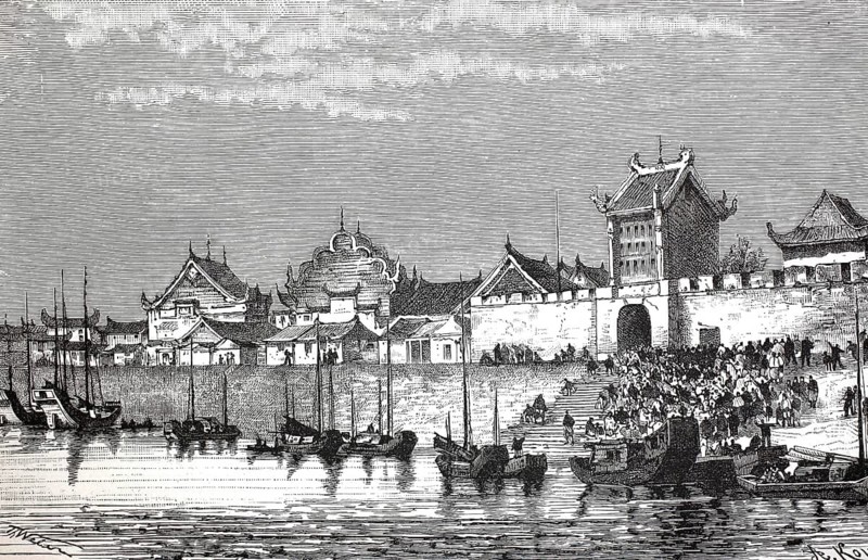 Landing site at Lao-Ho-K'eo, Laohekou, city in Hubei province in north-west China, on the east bank of the middle Han River, 1875, from the Sosnowski Voyage through China, The Sosnowski Expedition (1874-1875) was a major Russian exploration and trade mission to China. Its aim was to open up new land routes for trade, and to examine the economic prospects, Illustration, Reproduction from a 19th century original. Authentic, file restored for optimal use, exact date of original unknown, Historical
