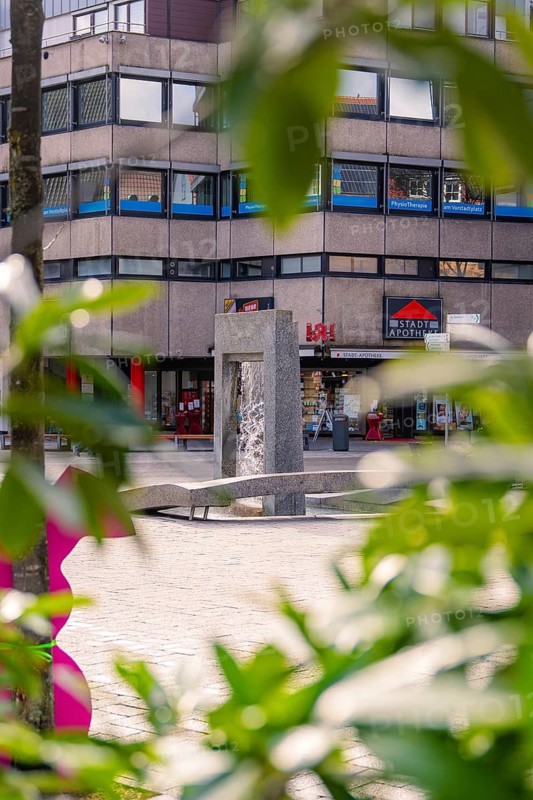 Modern fountain surrounded by green leaves in an urban environment, Nagold, Calw district, Germany