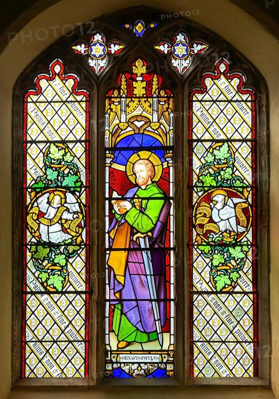 Stained glass window of Saint Paul by Thomas Willement 1848, Theberton church, Suffolk, England, UK