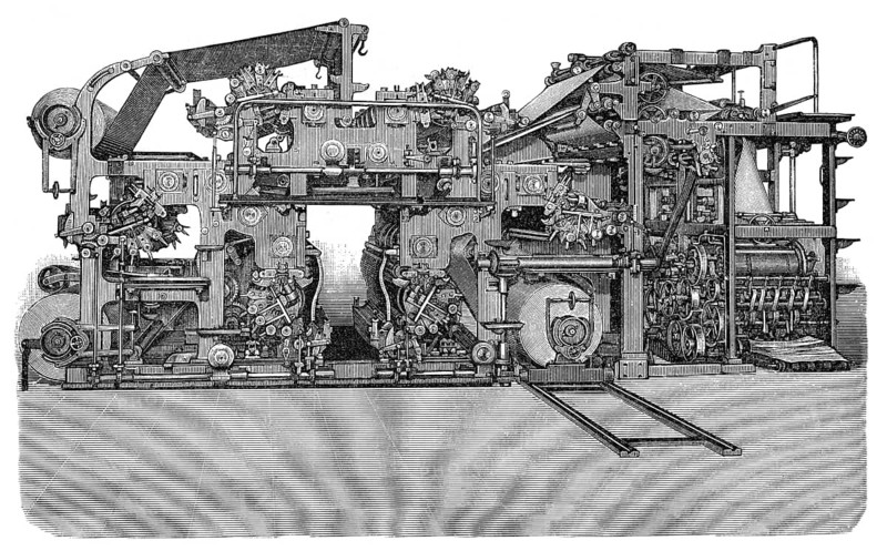 Historical illustration, 19th Century, Hoe's 6-cylinder rotary printing press, sechsfache Rotationsschnellpresse von Hoe & Co, historische Zeichnung, 19. Jahrhundert