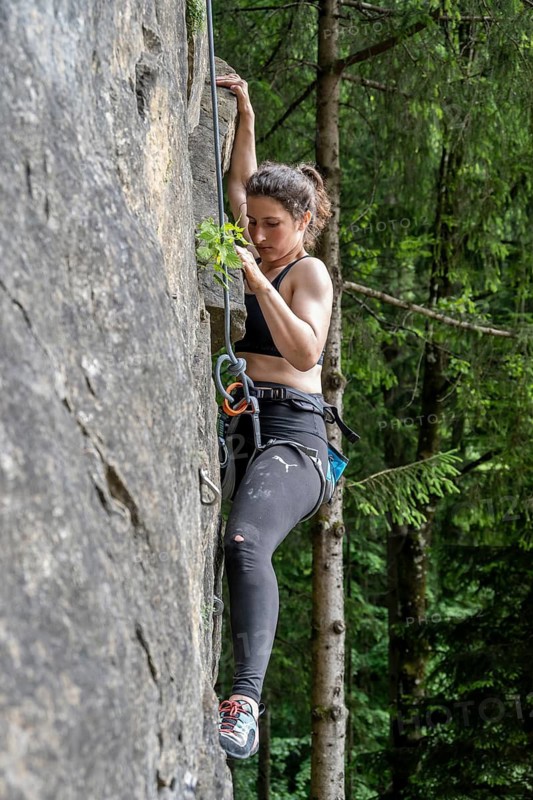Climber rock climbing, woman climbing in toprope, sport climbing, climbing garden Bad Heilbrunn, Bavaria, Germany