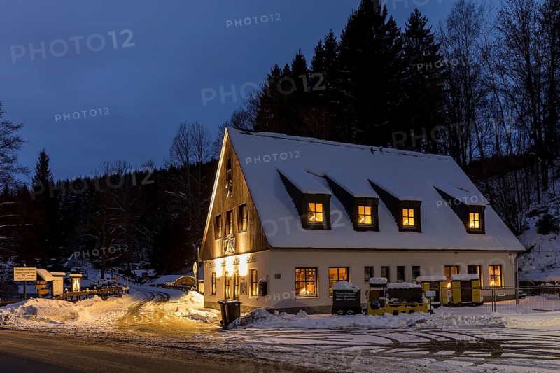 Entrance buildings and mouth hole from Markus-Röhling-Stolln visitor mine, atmospheric twilight view, Frohnau, Annaberg-Buchholz, Ore Mountains, Saxony, Germany