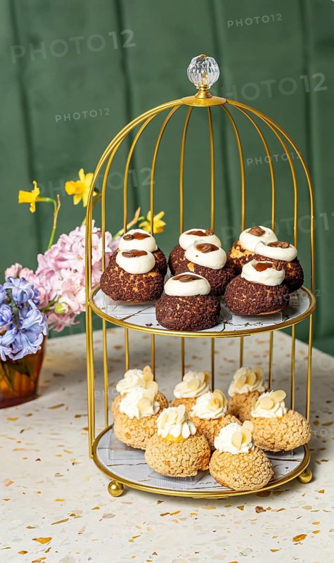 A luxurious two tiered gold stand holding an assortment of decorative choux puffs. Cream filled pastries are artistically presented, surrounded by vibrant flowers