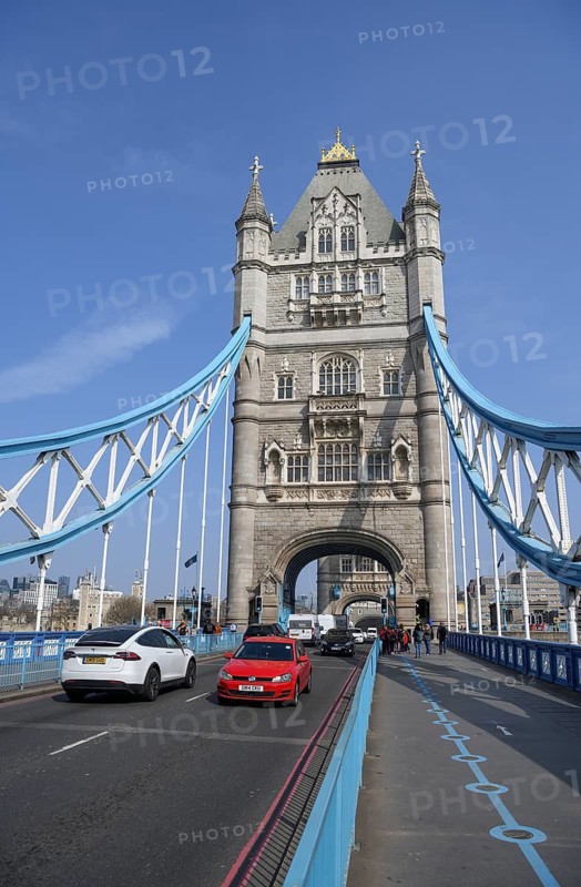 Traffic on Tower Bridge, London, England, United Kingdom