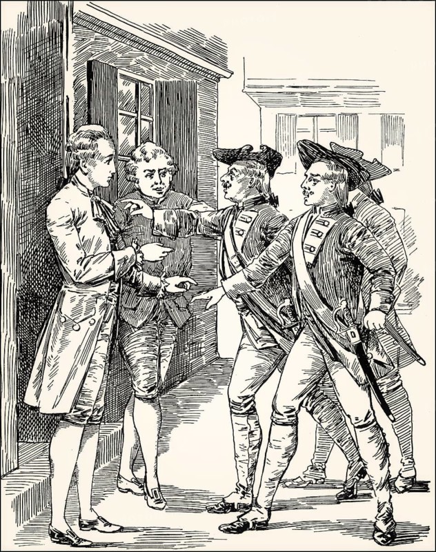 Wilhelm stops the guard, scene from the novel Wilhelm Meister's Apprenticeship, Wilhelm Meisters Lehrjahre, by Johann Wolfgang von Goethe