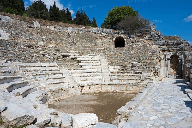 Ancient amphitheatre with curved rows of stone seats surrounded by ruins and trees, theatre, Efes, Ephesus, UNESCO World Heritage Site, Izmir Province, Ionia, Turkey