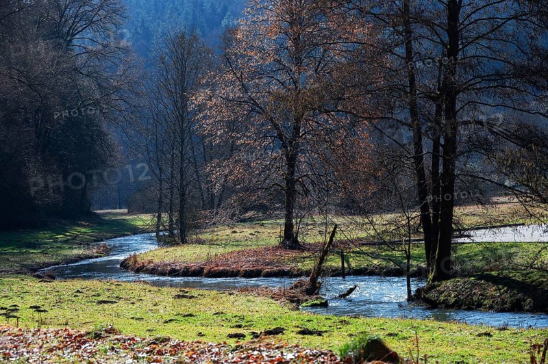 The Aufsess Valley with the Aufseß River at the beginning of spring, Upper Franconia, Bavaria, Germany