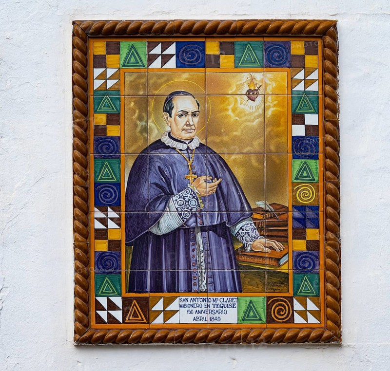Painted tiles on a house wall, depicting San Antonio Claret by a missionary from Teguise, Teguise, Lanzarote, Canary Islands, Spain