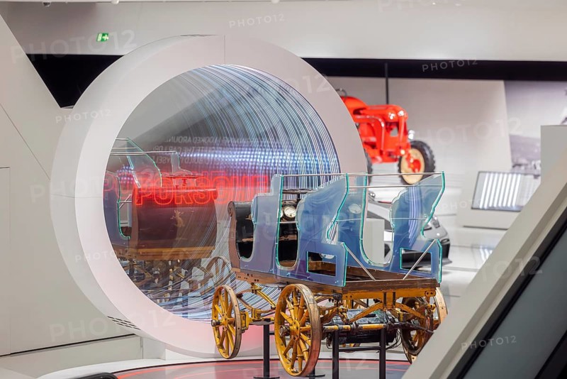 Porsche Museum Stuttgart-Zuffenhausen. Egger-Lohner C2 Phaeton electric car. model The automotive museum of Dr. Ing. h.c. F. Porsche AG shows racing cars and iconic cars from automotive history. interior view. Since opening in 2009, it has attracted over 6.5 million visitors. Stuttgart, Baden-Württemberg, Germany