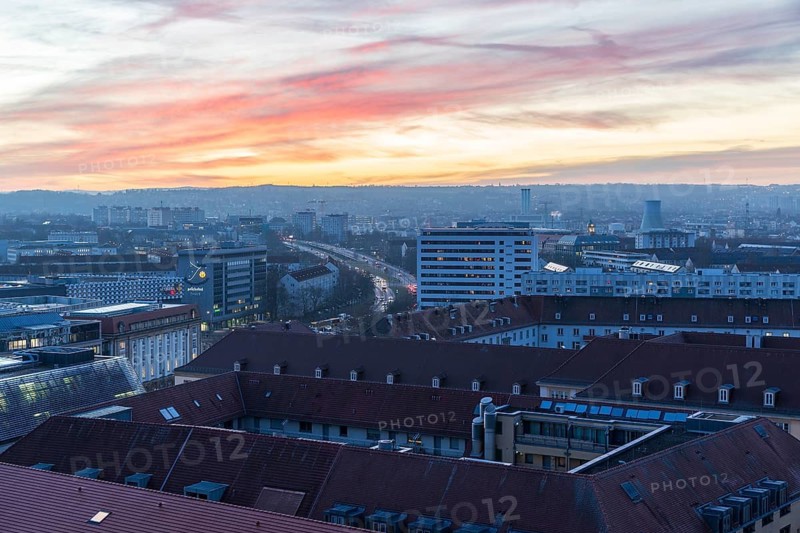 View from Kreuzkirche tower in the evening at sunset, Dresden, Saxony, Germany