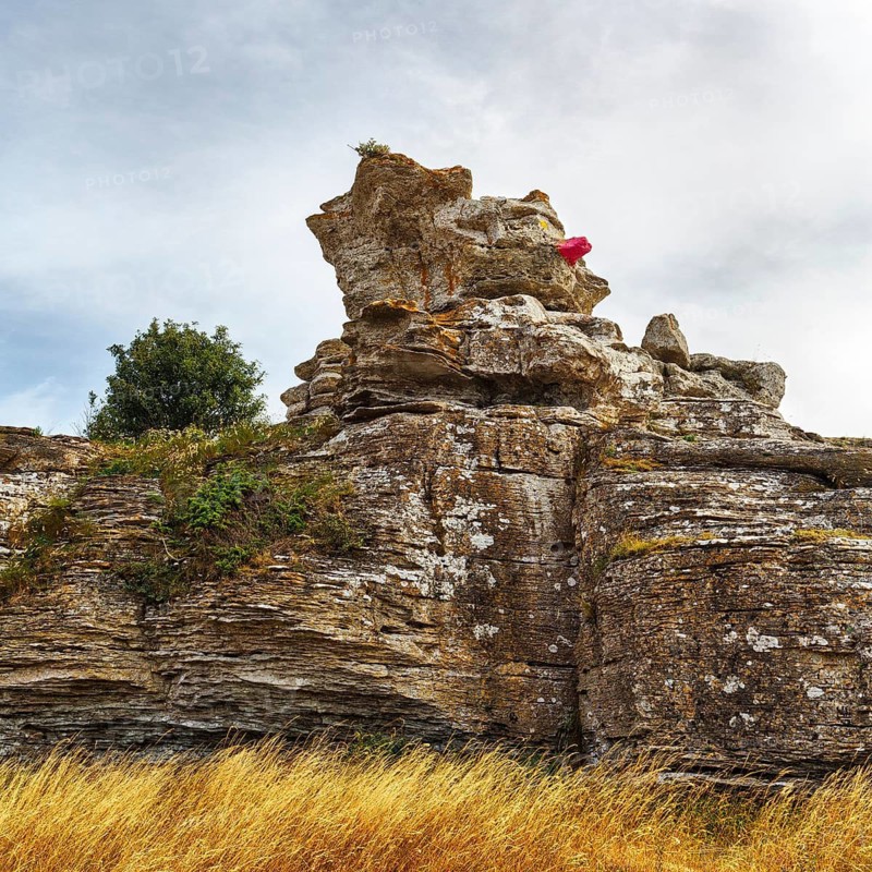 Cliff made of reef limestone, coastline, distinctive rock formation, Raukar, limestone column, Hoburgsgubben, Hoburgen, south of the island of Gotland, Baltic Sea, Sweden