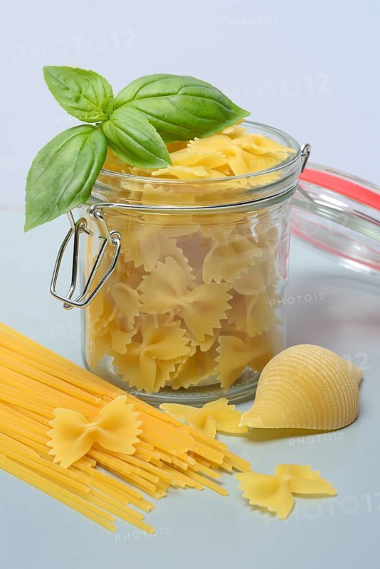 Various types of pasta with glass container, pasta varieties