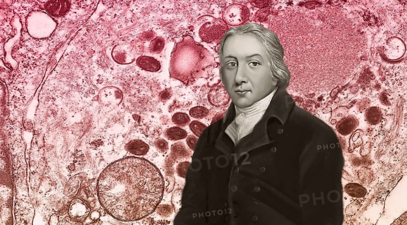 Edward Jenner, 1749-1823, English physician and scientist, digitally restored, with Orthopoxvirus variola viruses in the background