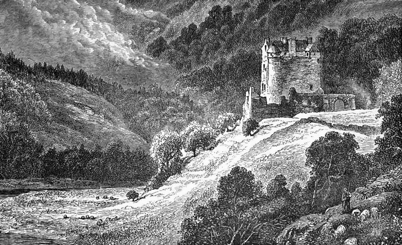 Shepherd bringing in sheep, Neidpath Castle with a view of the River Tweed, Scottish Borders, around 1870, Scotland, digital reproduction of a historical model