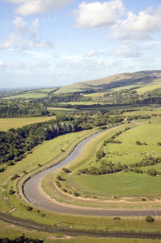 River Cuckmere meanders and flood plain from Frog Firle at High and Over, near Alfriston, East Sussex, England, United Kingdom