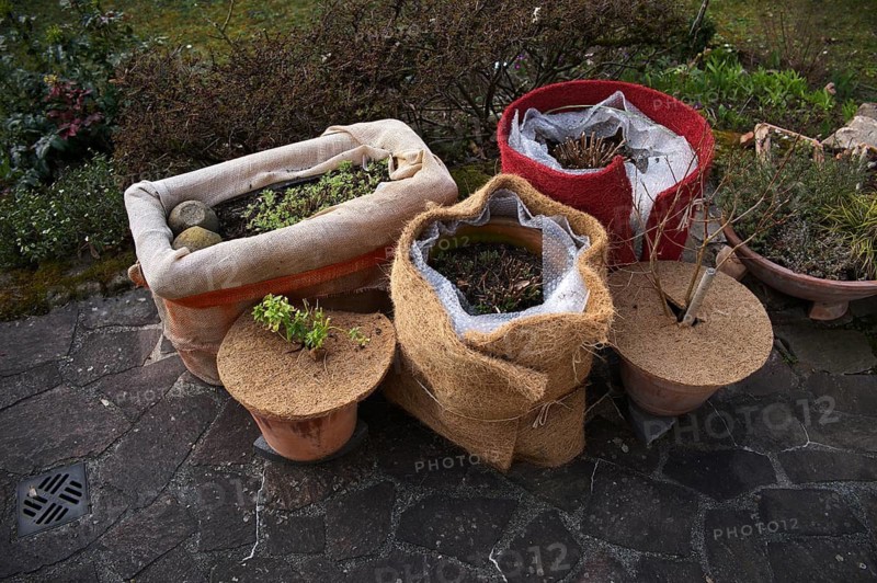 Jute, jute fabric and coconut mat, frost protection, winter protection, plant cover for pot plants, terrace, garden, Stuttgart, Baden-Württemberg, Germany