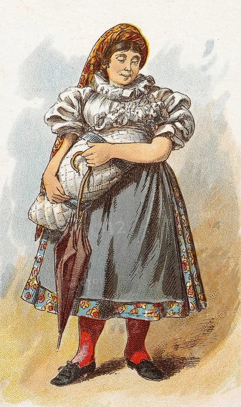 Viennese types by Ladislav Eugen Petrovits (1839, 1907), painter from Austria. Child maid, A woman in traditional dress with a floral pattern holds an umbrella and a baby wrapped in a blanket