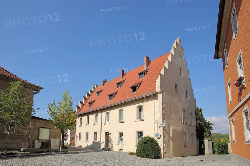 Historic building built 15th century with stairway, Mellrichstadt, Rhön, Lower Franconia, Franconia, Bavaria, Germany