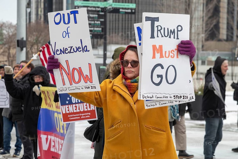 Detroit, Michigan USA, - 3 January 2026 - Activists rally in downtown Detroit to protest President Trump's military action in Venezuela