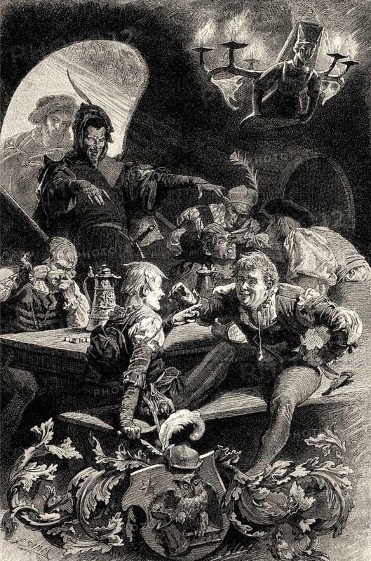 Drunken students in Auerbach's Cellar in Leipzig, first part of the tragic play Faust by Johann Wolfgang von Goethe