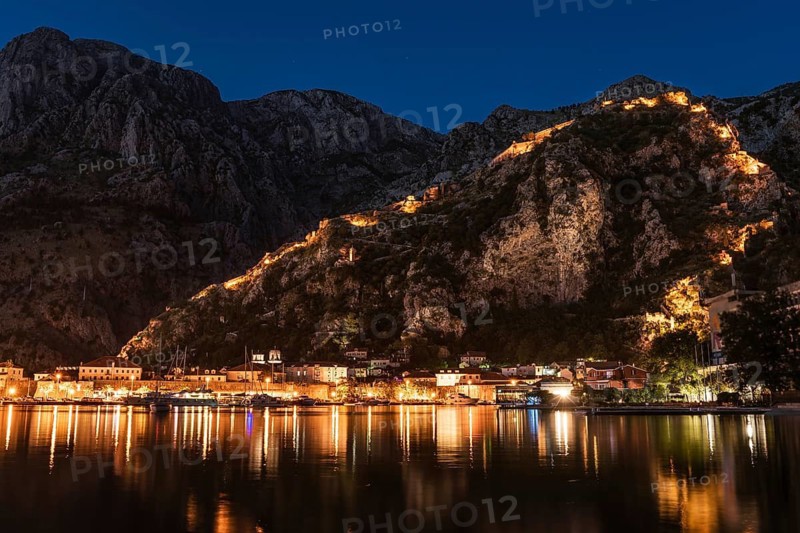 Town Kotor lights of city during the evening, Montenegro.