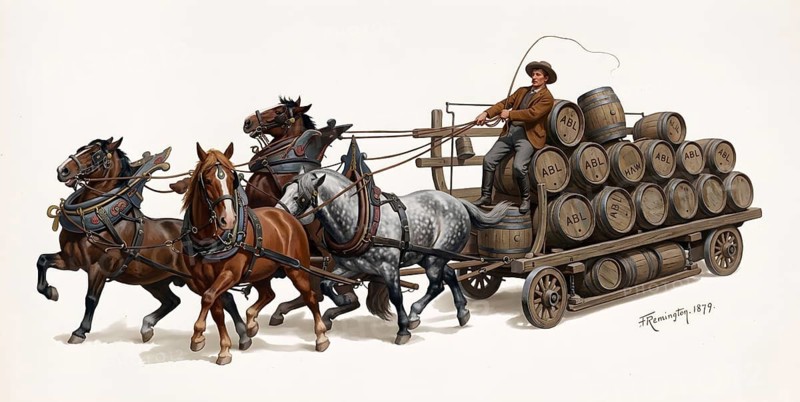New fabric, brewery, beer keg, beer cart, horse cart, local, restaurant, tavern, alcohol, brewery, horse-drawn carriage, historical illustration, digitally edited