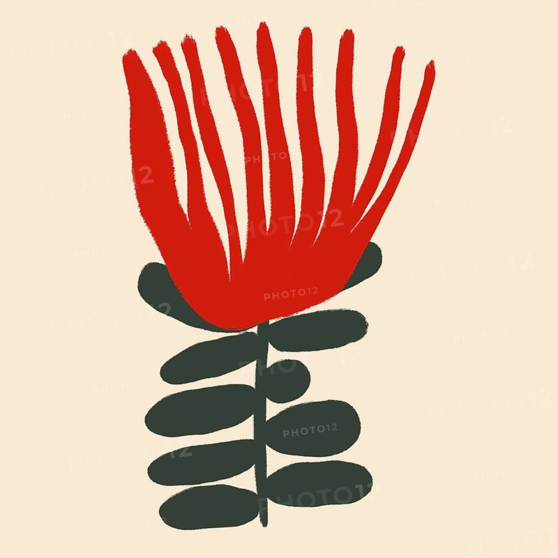 Artistic illustration of a minimalist red flower with dark green leaves on a subtle beige background, ideal for modern decor themes