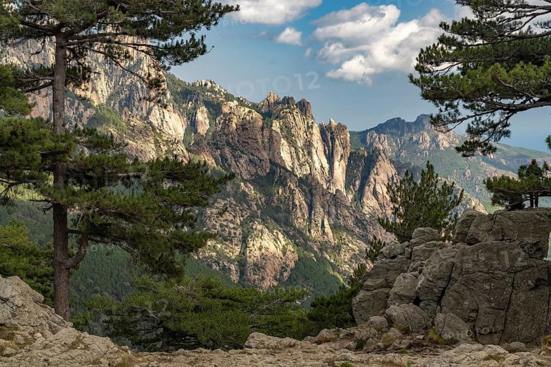View of the Bavella Needles or Aiguilles de Bavella Mountains from the Col de Bavella Pass, Corsica, France