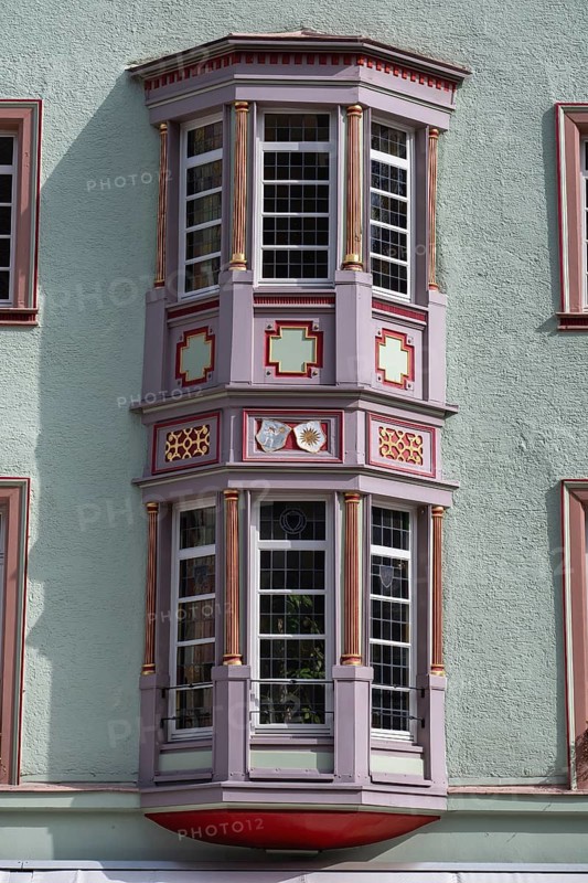 Artfully decorated bay window on a town house in the historic old town of Rottweil, Rottweil district, Baden-Württemberg, Germany, Rottweil district, Baden-Württemberg, Germany