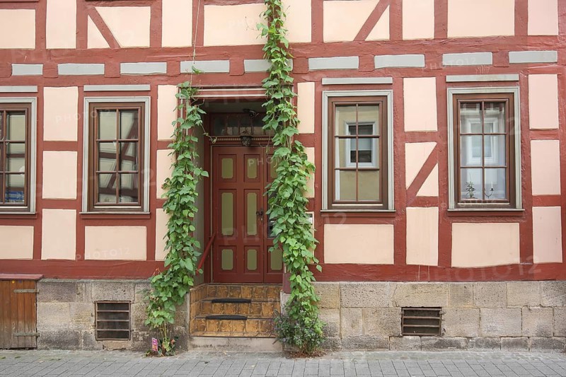 Half-timbered house with front door and window, climbing plants, church square, Hann. Münden, Hannoversch Münden, Lower Saxony, Germany