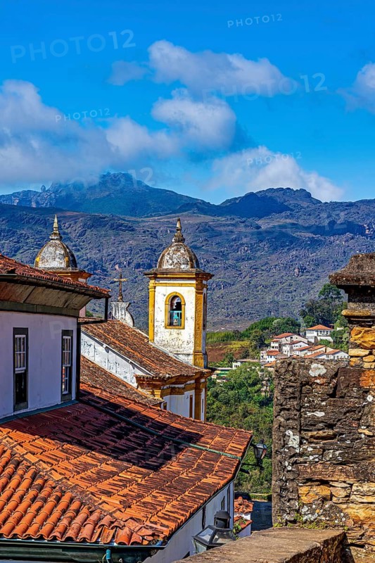 Mountains and historic churches in the old city of Ouro Preto in Minas Gerais, Ouro Preto, Minas Gerais, Brazil