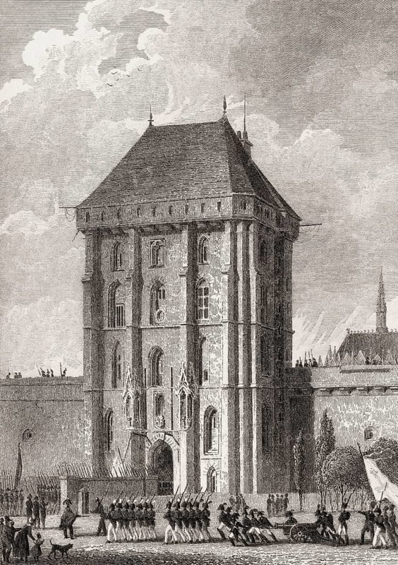 Tour de la Reine of Vincennes, near Paris, antique steel engraved print, 1831