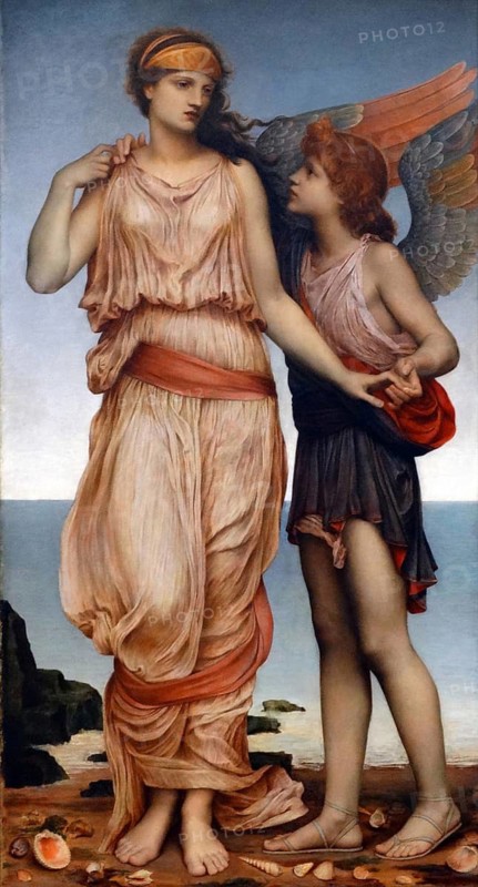 Venus and Cupid, Roman god of love, Cupid, 1878, painting by Evelyn De Morgan (30 August 1855 - 2 May 1919) . English Pre-Raphaelite paintress, digitally enhanced reproduction of a 19th century original, historical