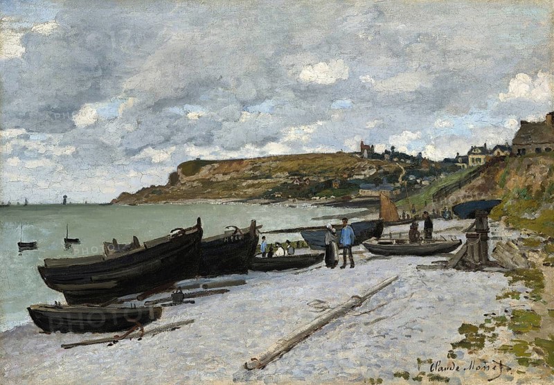 Claude Monet (b. 14 November 1840 in Paris as Oscar-Claude Monet, d. 5 December 1926) important French painter, Impressionist style. Here is his work, Sainte-Adresse (1867), fishing boats resting on a sandy beach, distant view of the coast and village