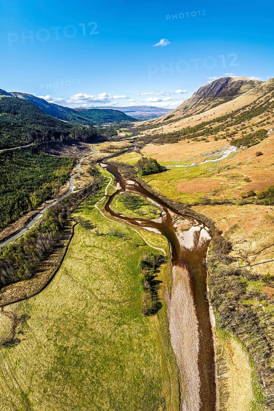 Panorama of Glen Nevis Valley and River Navis from a drone, Fort William, Lochaber, Highland, Scotland, United Kingdom