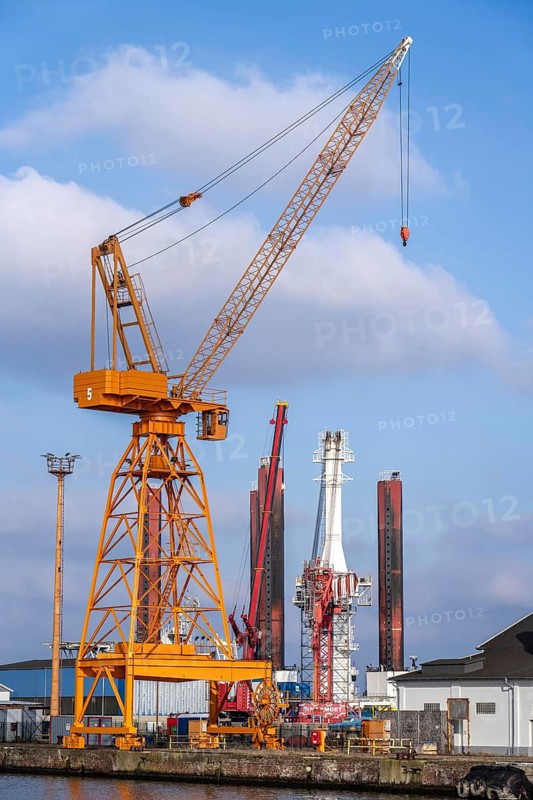 Lloyd Werft, shipyard in the overseas harbour of Bremerhaven, work on the offshore work vessel, crane ship Wind Lift 1, in Kaiserhafen 3, Bremen, Germany